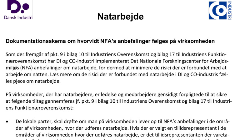 Dokumentationsskema til natarbejde 